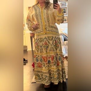 Floral Printed Yellow Maxi Dress with gold details